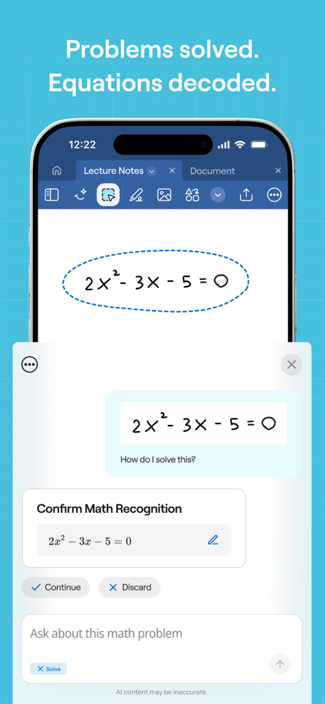 Goodnotes app interface on a smartphone displaying AI math recognition and solving capabilities for a handwritten quadratic equation.