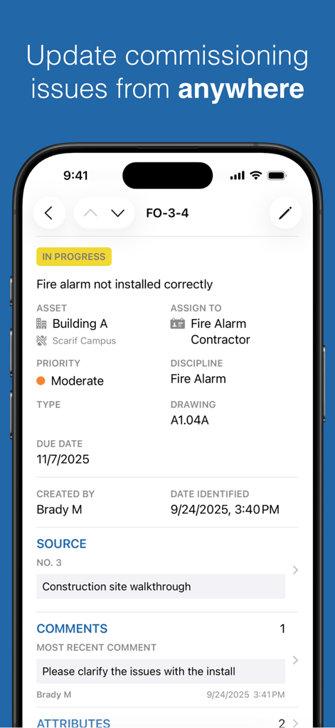 화재 경보기 설치에 대한 상세한 커미셔닝 문제 보고서를 보여주는 CxAlloy TQ 모바일 앱 인터페이스.
