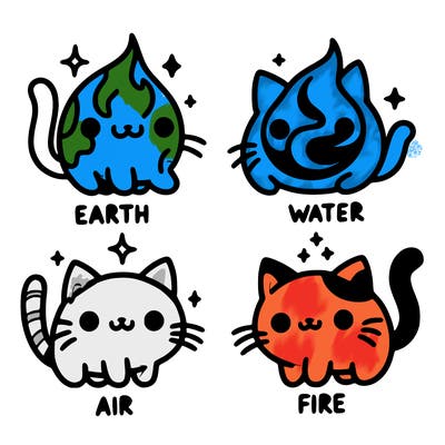 4 cats that represent the different elements, earth, water, air, and fire