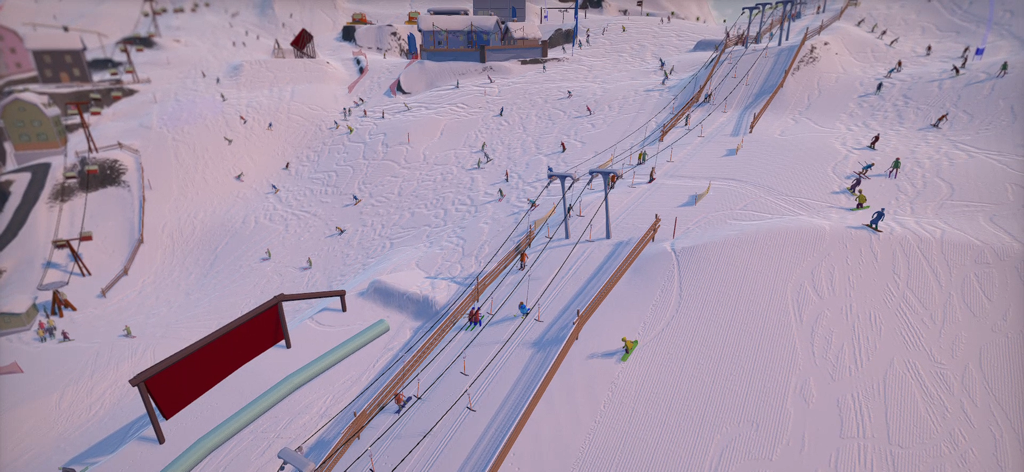 Grand Mountain Adventure 2 - Vista dall'alto di un resort montano innevato con impianti di risalita e sciatori.