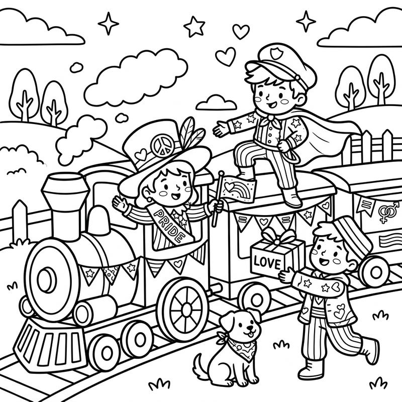 Get ready for a heartwarming adventure with our Pride Train Robbers coloring page! This delightful scene brings together playful characters, a festive train, and symbols of love, perfect for celebrating Pride Month.