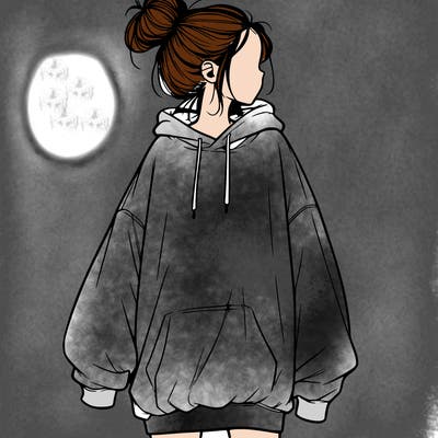 realistic girl with a oversized sweatshirt on and a bun