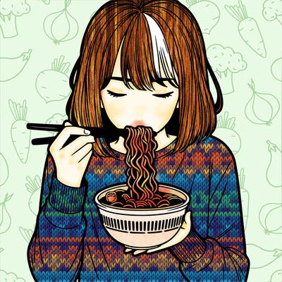 a girl realistic eating ramen noodles