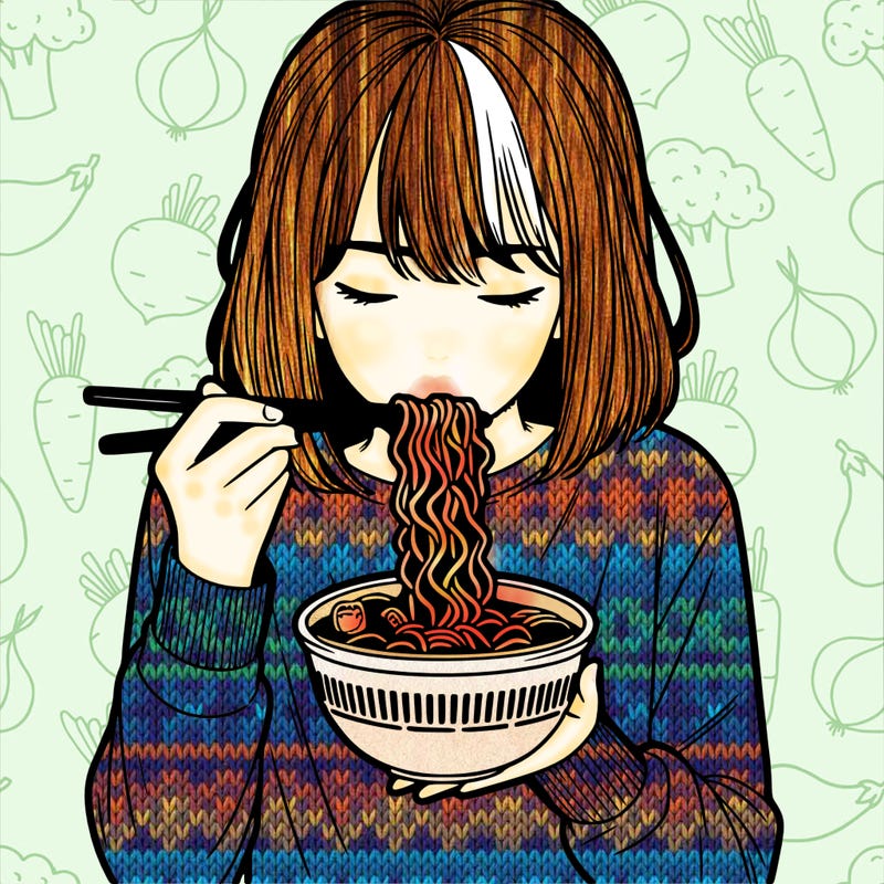 a girl realistic eating ramen noodles