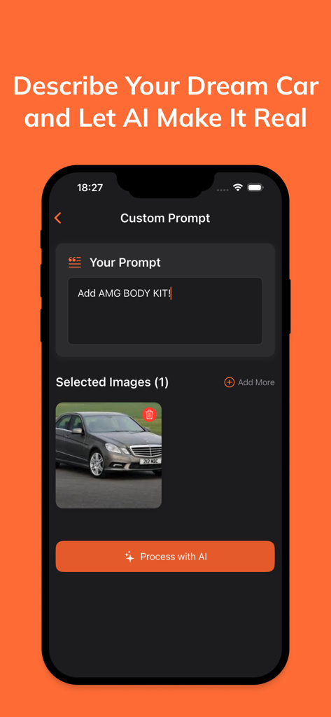 Tuning App: Ai Car Designer - Smartphone interface displaying a custom AI prompt field and a selected car image for modification