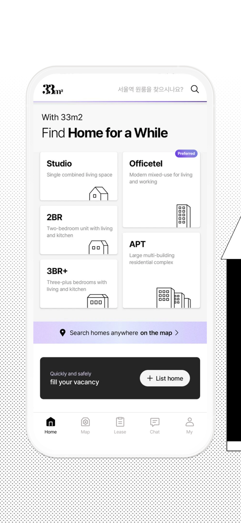 33m2 app home screen showing housing categories for short term rentals in Korea