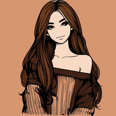 realistic girl with long hair wearing an off the shoulder sweater