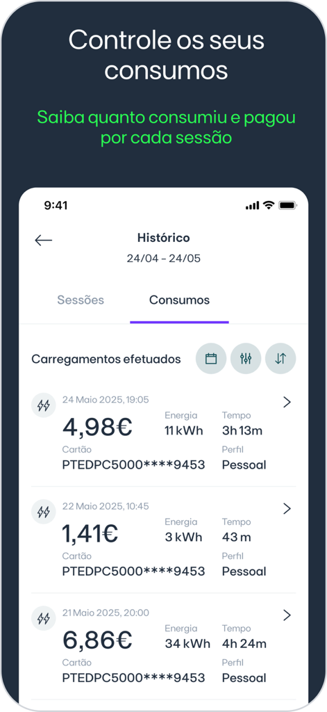 EDP Charge - Um ecrã de smartphone da aplicação EDP Charge mostra uma lista detalhada de sessões de carregamento de veículos elétricos, incluindo energia em kWh e custo total em euros.
