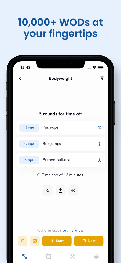 The WOD Generator: Workout - The WOD Generator app displaying a bodyweight workout with pushups box jumps and burpee pullups