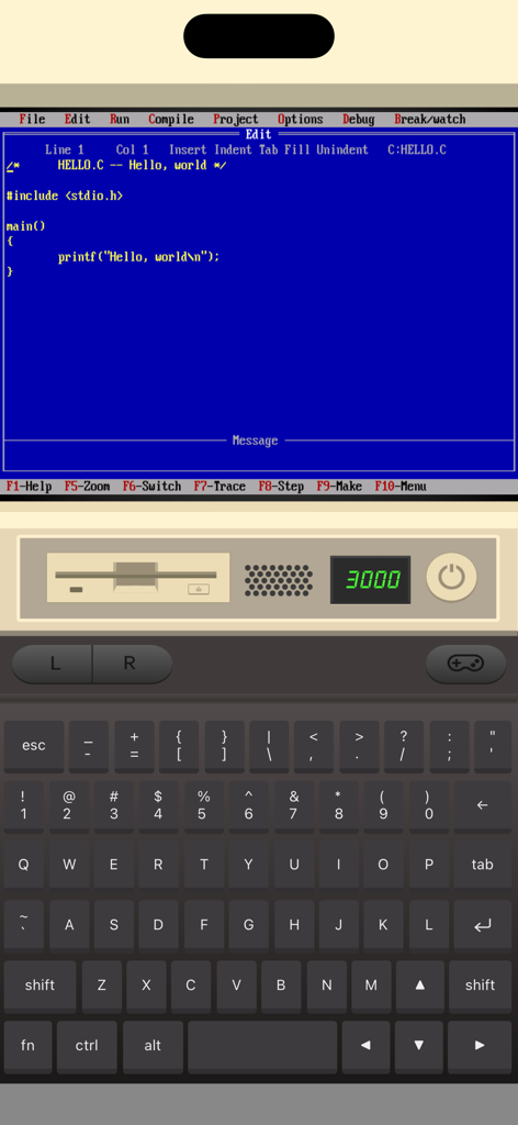 iDOS 3 - iDOS 3 app on iPhone showing a C programming editor in a classic MS-DOS environment with a virtual keyboard and vintage PC interface.