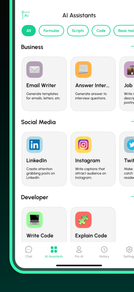Sheets AI - Formula generator - Dashboard für KI-Assistenten in der Sheets AI App für Geschäfts-, Social-Media- und Entwicklungsaufgaben.