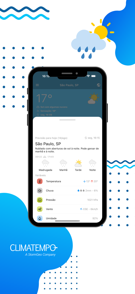 Interfaz de la aplicación meteorológica Climatempo mostrando la previsión de Sao Paulo en una pantalla de iPhone