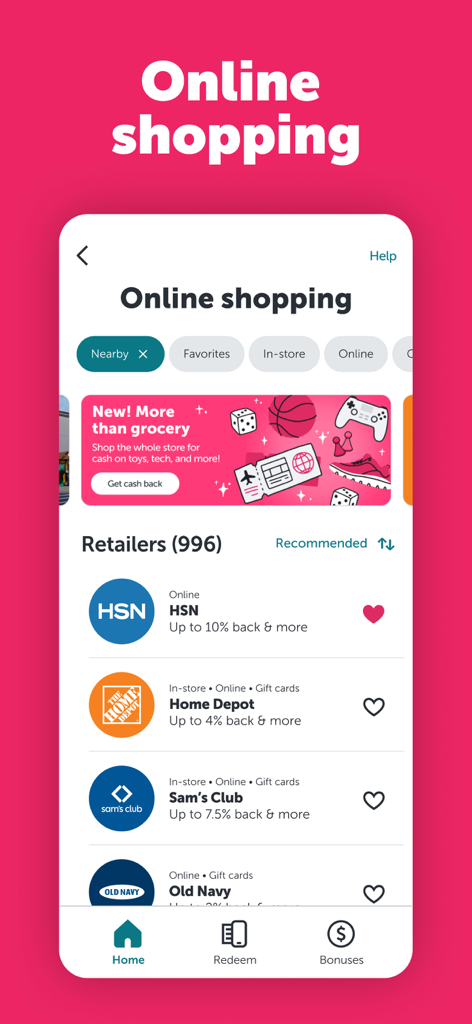 Ibotta app online shopping screen showing cashback offers for retailers like HSN and Home Depot.