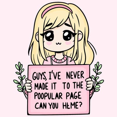a girl holding up a sign that says, guys, i’ve never made it to the popular page, can you help me?