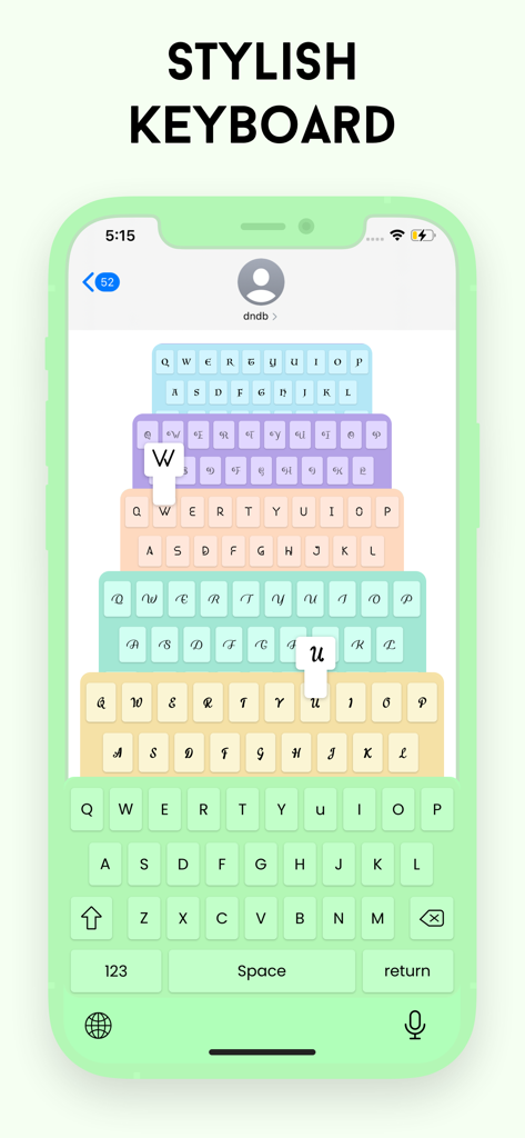 Uma variedade de temas de teclado coloridos e estilos de fontes decorativas em uma tela de iPhone