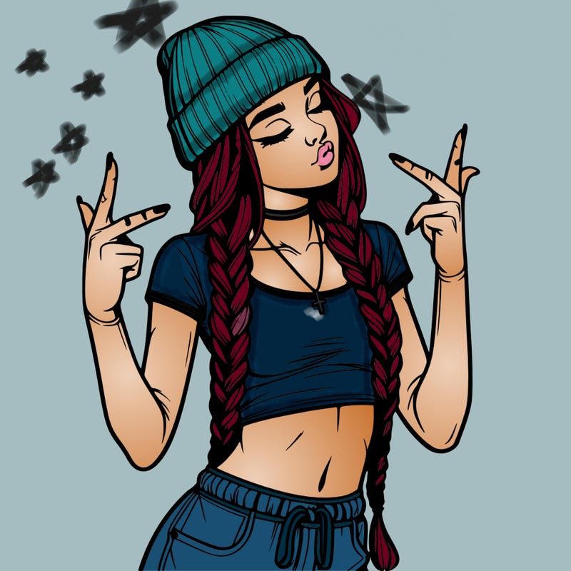 realistic teenage girl with braids and a beanie and crop top doing 🫶🏼