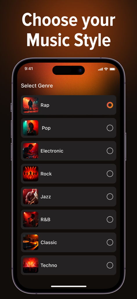 AI Music & Song Generator * - A mobile phone screen displaying a music genre selection menu with options like Rap, Pop, and Rock within the AI Music and Song Generator app.