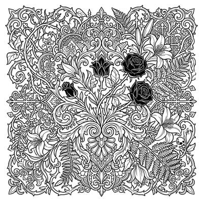 Dive into the mysterious beauty of this Gothic floral coloring page, featuring intricate Victorian patterns and dark blooms. Perfect for adult colorists seeking a sophisticated and engaging artistic challenge.