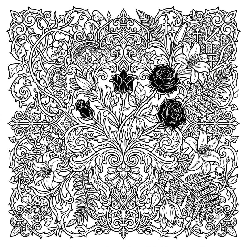 Dive into the mysterious beauty of this Gothic floral coloring page, featuring intricate Victorian patterns and dark blooms. Perfect for adult colorists seeking a sophisticated and engaging artistic challenge.