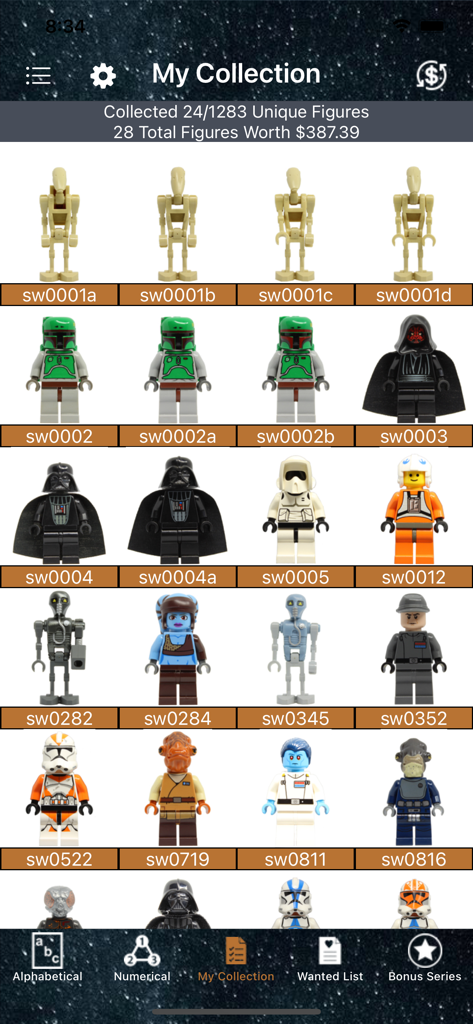Screenshot of the My Collection page in the LSW Collector app showing a grid of tracked LEGO Star Wars minifigures and their total value.