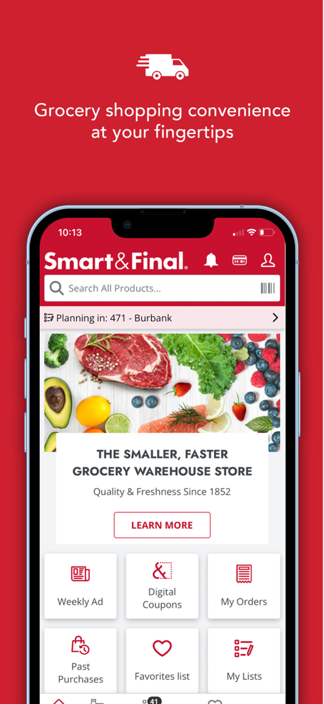 Smart and Final mobile app dashboard showing grocery shopping convenience with links to weekly ads and digital coupons