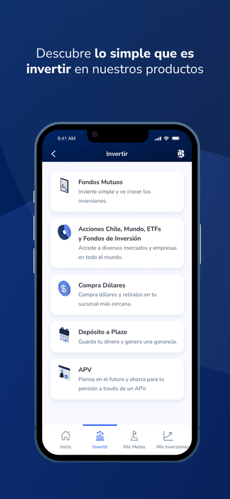Mi Inversión - Mobile app interface showing investment options including mutual funds, stocks, ETFs, and foreign currency exchange.