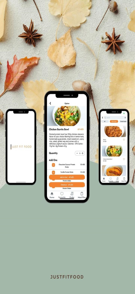 매크로 영양소 세부 정보와 iPhone의 식사 옵션이 표시된 건강한 닭고기 부리토 볼을 보여주는 Just Fit Food 앱 스크린샷.