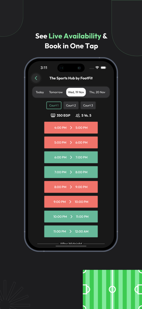 Yalla Hagz - يلا حجز - Yalla Hagz mobile app interface showing live availability and time slots for booking a sports court