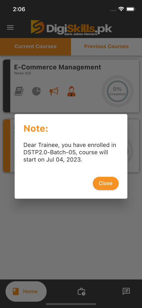 DigiSkills LMS - Enrollment notice for E-Commerce Management course on DigiSkills LMS mobile app