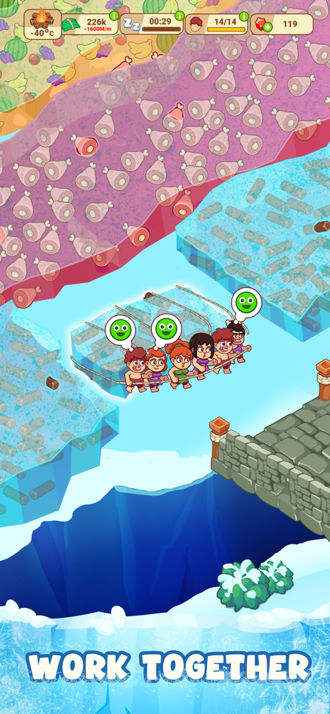 Icy Village: Survival Idle - Group of villagers cooperating to cross a frozen gap in Icy Village Survival Idle