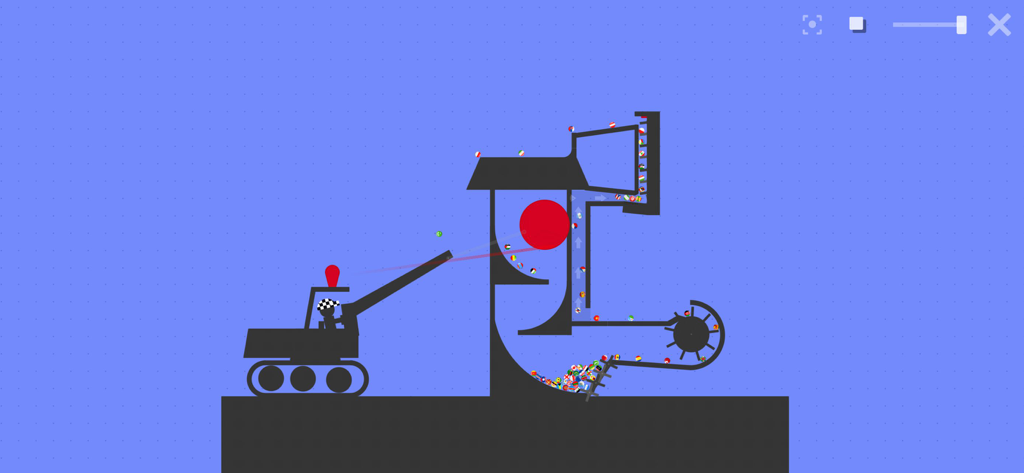 Pista digital de carreras de canicas que muestra piezas mecánicas y simulación física.