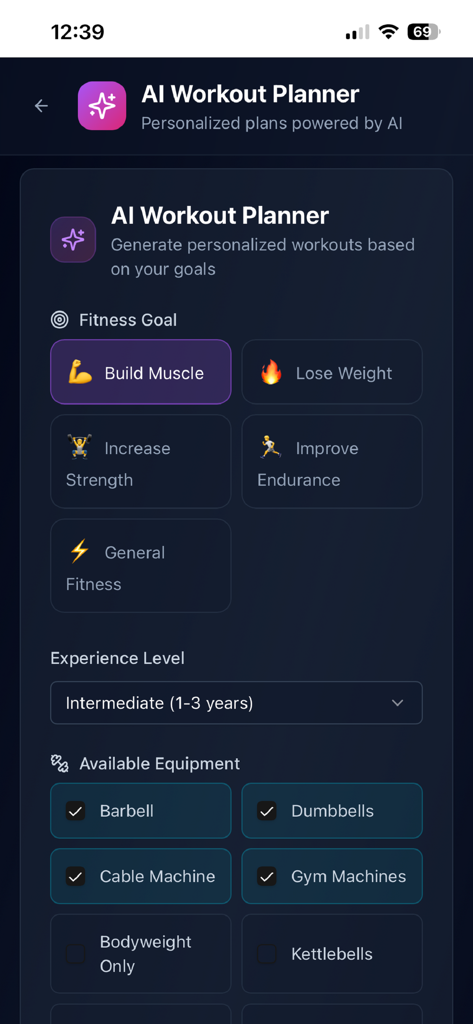 L-fit - L-fit app interface for customizing an AI workout plan with goals and equipment options