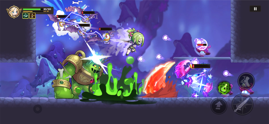 Hero Blitz: RPG Roguelike War - Chibi anime hero fighting monsters in a side scrolling roguelike game