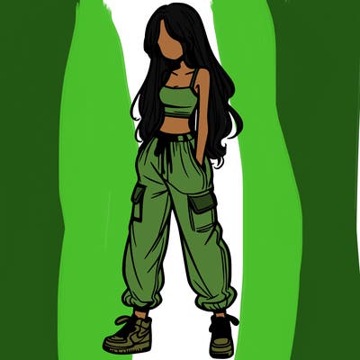 girl in baggy pants crop top and long hair