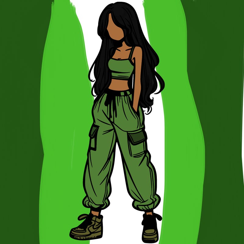 girl in baggy pants crop top and long hair
