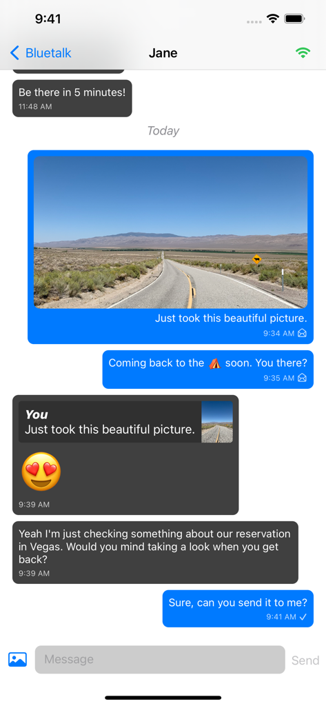 Bluetooth Messenger: Bluetalk - Bluetalk app interface showing offline message exchange and photo sharing