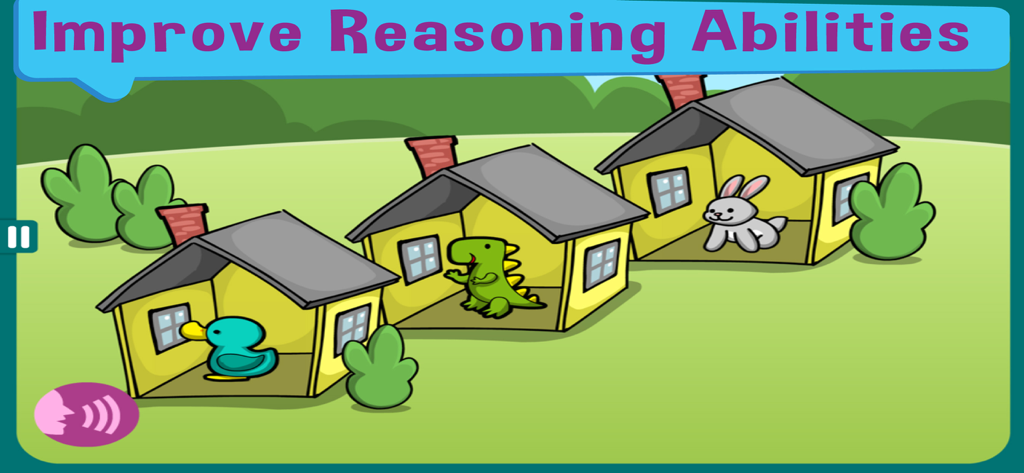 Un jeu d'énigmes logiques pour enfants représentant un canard, un dinosaure et un lapin dans de petites maisons pour améliorer les capacités de raisonnement.