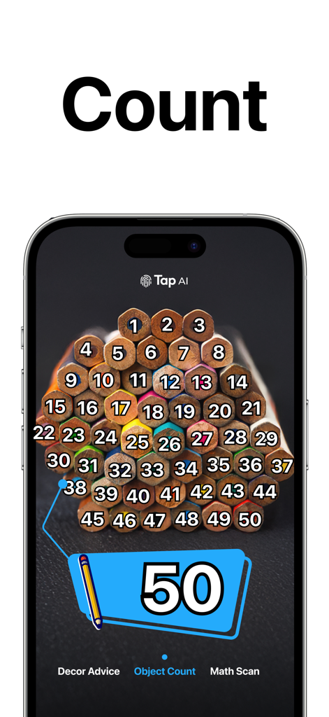 TapScanner app showing AI object counting feature with fifty numbered pencils on a smartphone screen