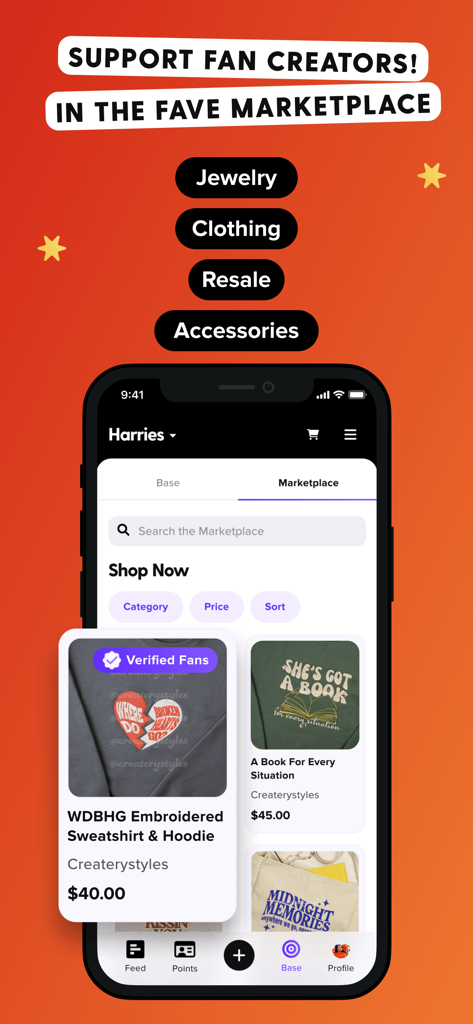 Fave - For Passionate Fans - El marketplace de la app Fave con ropa y accesorios hechos por fans de creadores verificados para el fandom de Harries