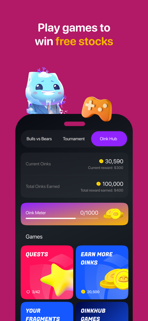 Bloom: Learn to Invest - Bloom app Oink Hub screen showing gamified rewards, quests, and Oink coins for stock incentives.
