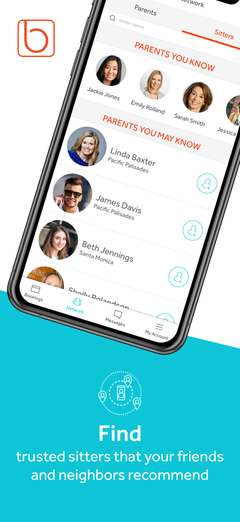 Bambino: Babysitting made easy - Bambino app network screen showing trusted parents and local babysitter recommendations from friends and neighbors