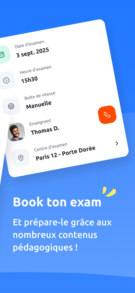 Interface of the En Voiture Simone app showing details for a scheduled driving exam including date, time, and instructor