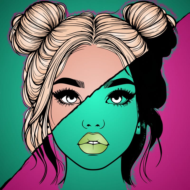 realistic girl with two buns on her hair and lips