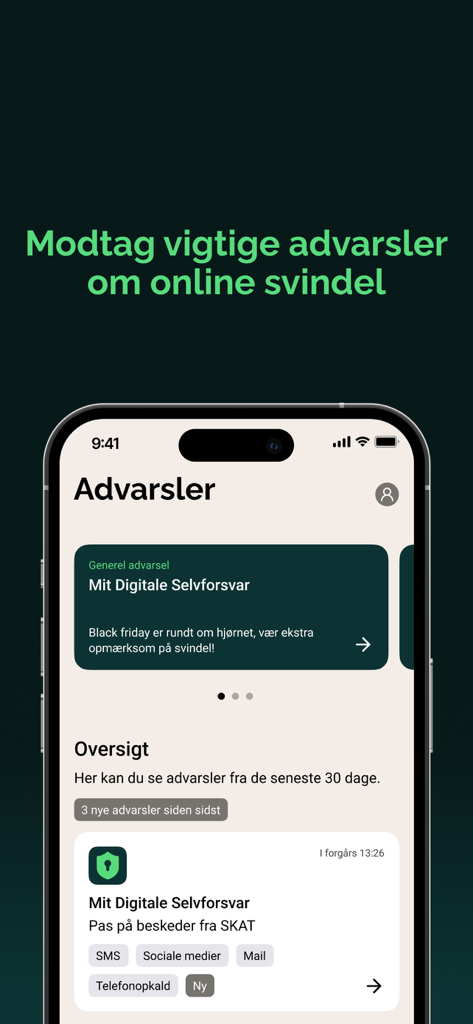 Mit digitale selvforsvar - Bildschirm eines Mobiltelefons mit Betrugswarnungen und Cybersicherheitswarnungen der digitalen Sicherheits-App