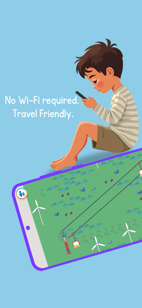 Turtlebee Montessori Preschool - Ilustración de un niño usando la aplicación Montessori Turtlebee sin wifi para viajar