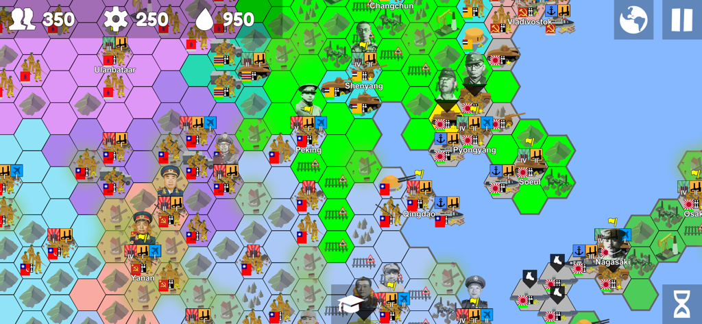 Armchair Commander - A hex based tactical map from Armchair Commander showing historical military units and generals across East Asia