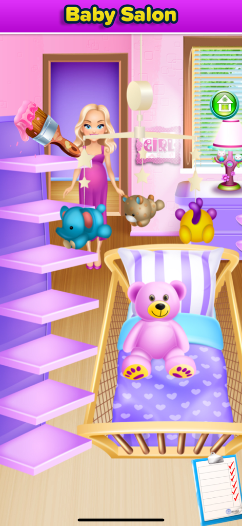 Mommy's New Baby Girl Game - A game screen showing a nursery being decorated with pink paint a crib with a teddy bear and a pregnant character