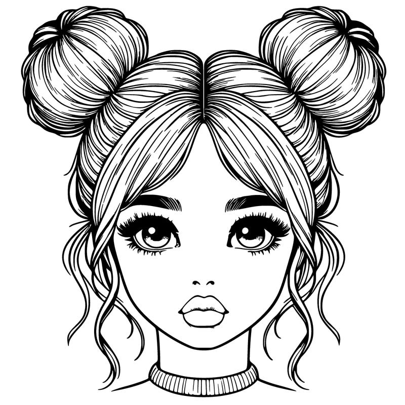 realistic girl with two buns on her hair and lips