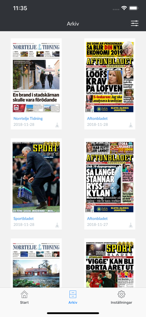Digital archive screen of the Norrtelje Tidning app showing a grid of past newspaper editions