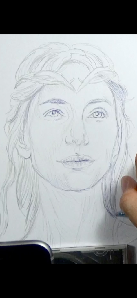 Vermeer's Lens: AR Drawing - A hand sketching a realistic portrait on paper using the Vermeer's Lens AR drawing app.